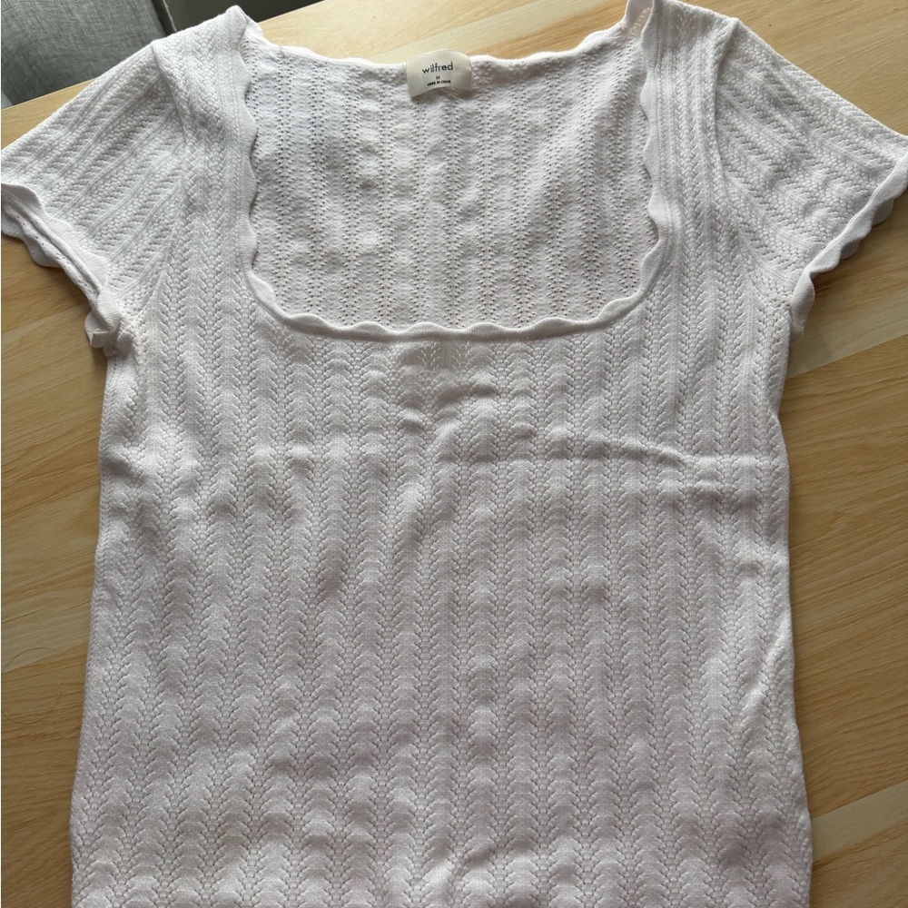 Wilfred White Knit Square-Neck Short Sleeve Top with Scalloped Trim